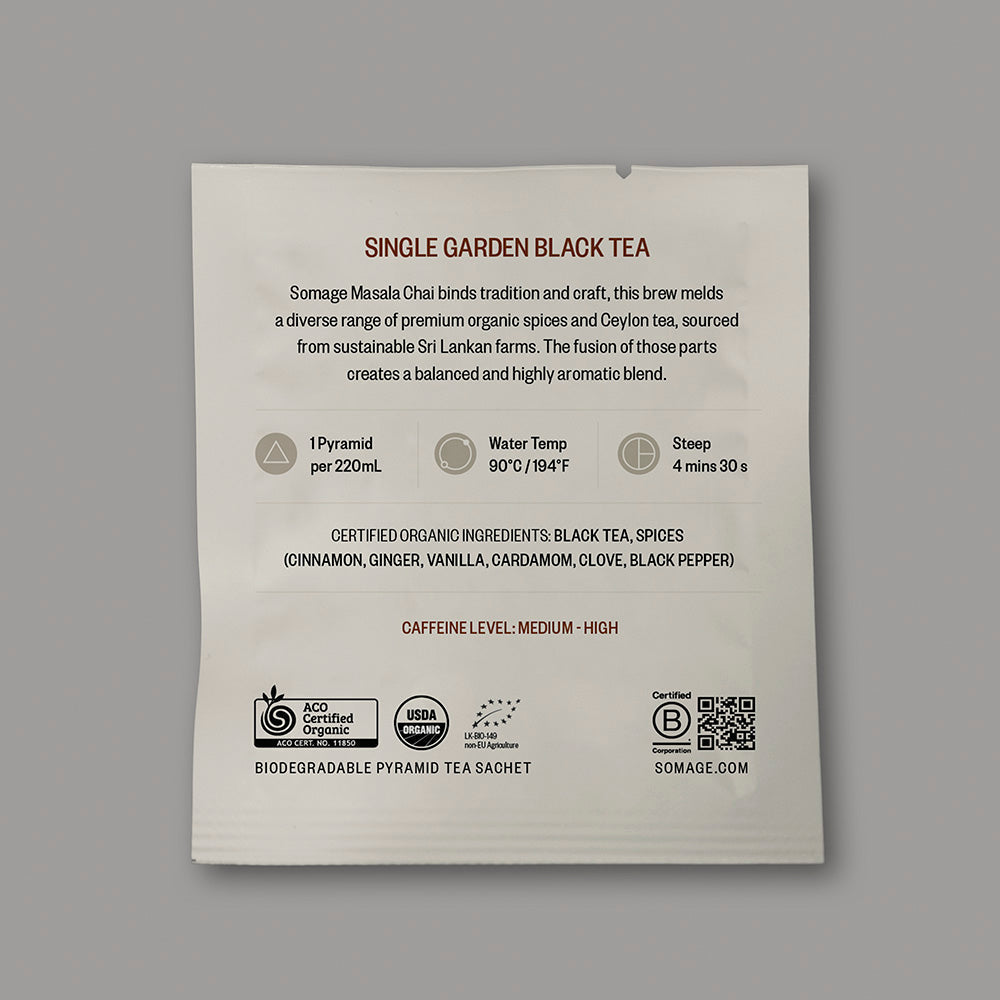 Masala Chai Pyramid Sachet (individually wrapped) by Somage USA, featuring a sealed pyramid tea bag in a clear package.