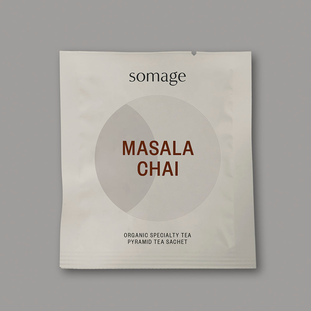 Masala Chai Pyramid Sachet (individually wrapped) by Somage USA, showing sachets with spices and botanicals from Sri Lanka.