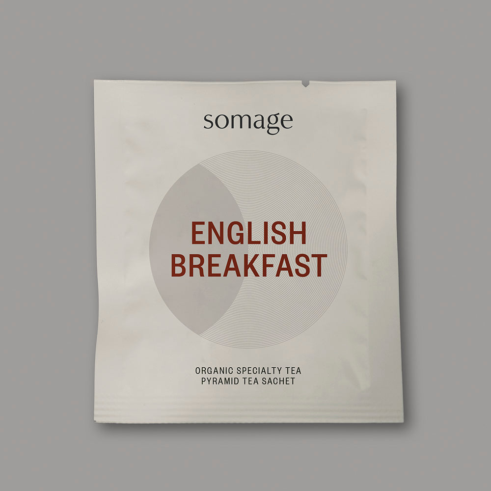 English Breakfast Pyramid Sachet (individually wrapped) by Somage USA, showcasing 50 individual tea sachets in packaging.