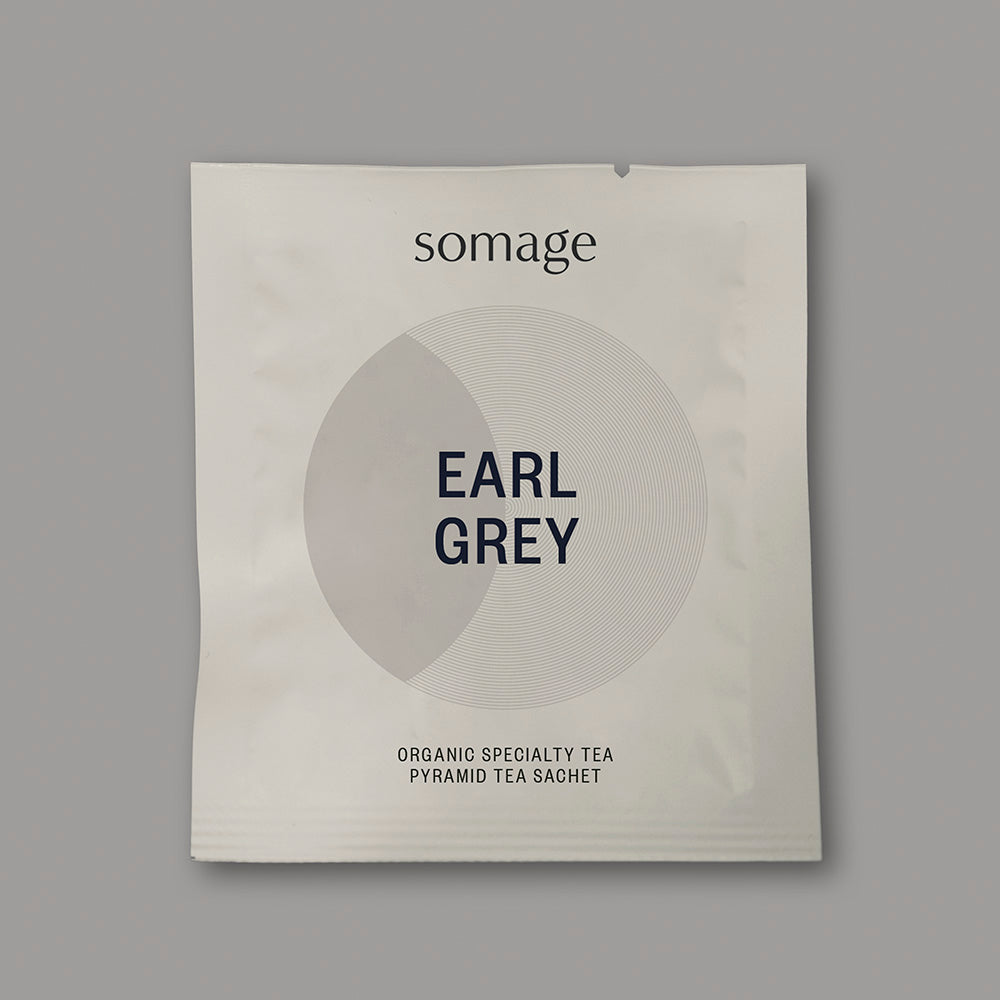 Earl Grey Pyramid Sachet (individually wrapped) by Somage USA, featuring blue cornflowers and Spanish Bergamot in 50 sachets.