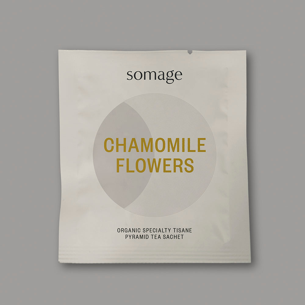 Chamomile Pyramid Sachet (individually wrapped) by Somage USA, featuring 50 sachets of dried chamomile flowers for herbal tea.