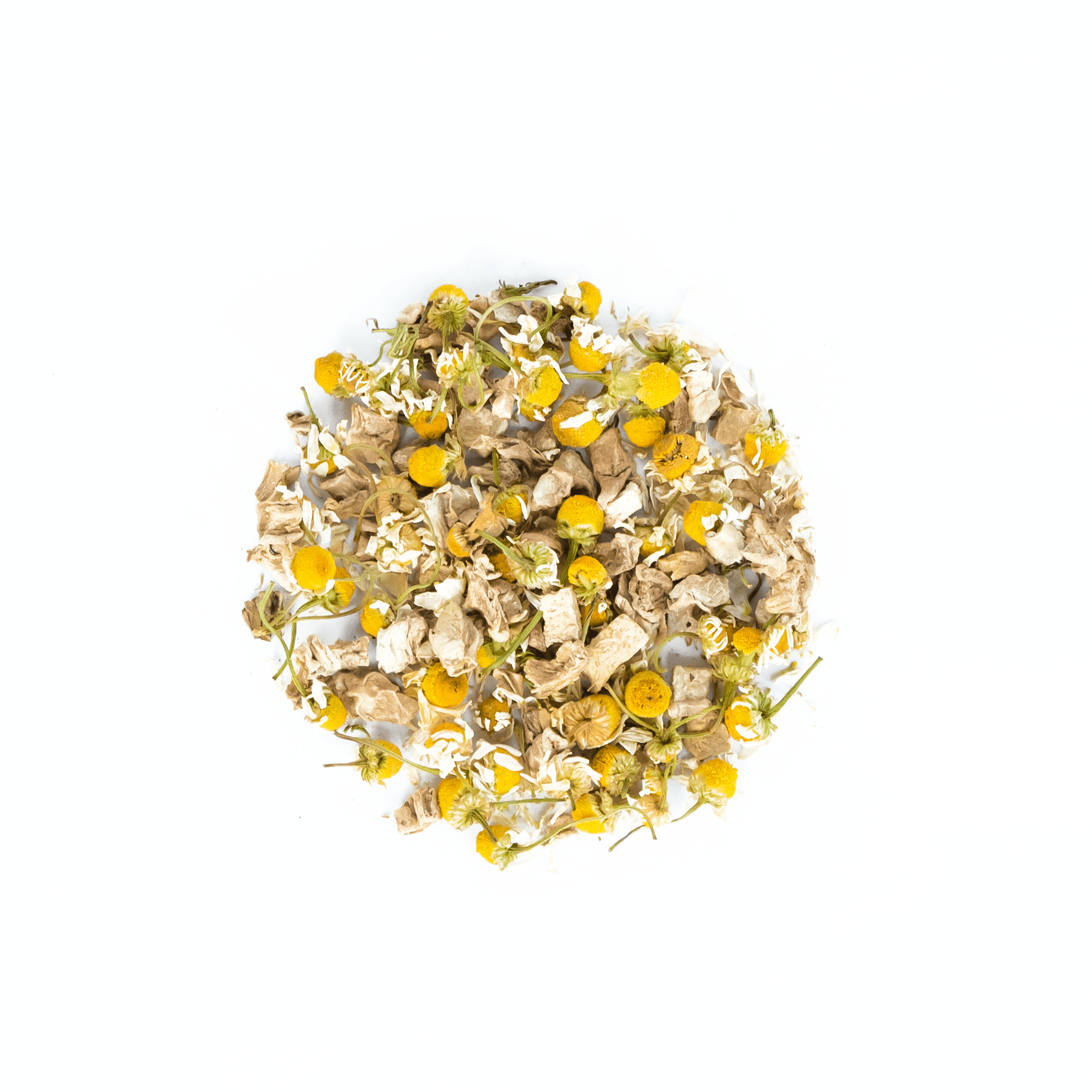 Chamomile Tea with Ginger by Nepal Tea, featuring a clear glass cup filled with herbal tea and a slice of ginger.
