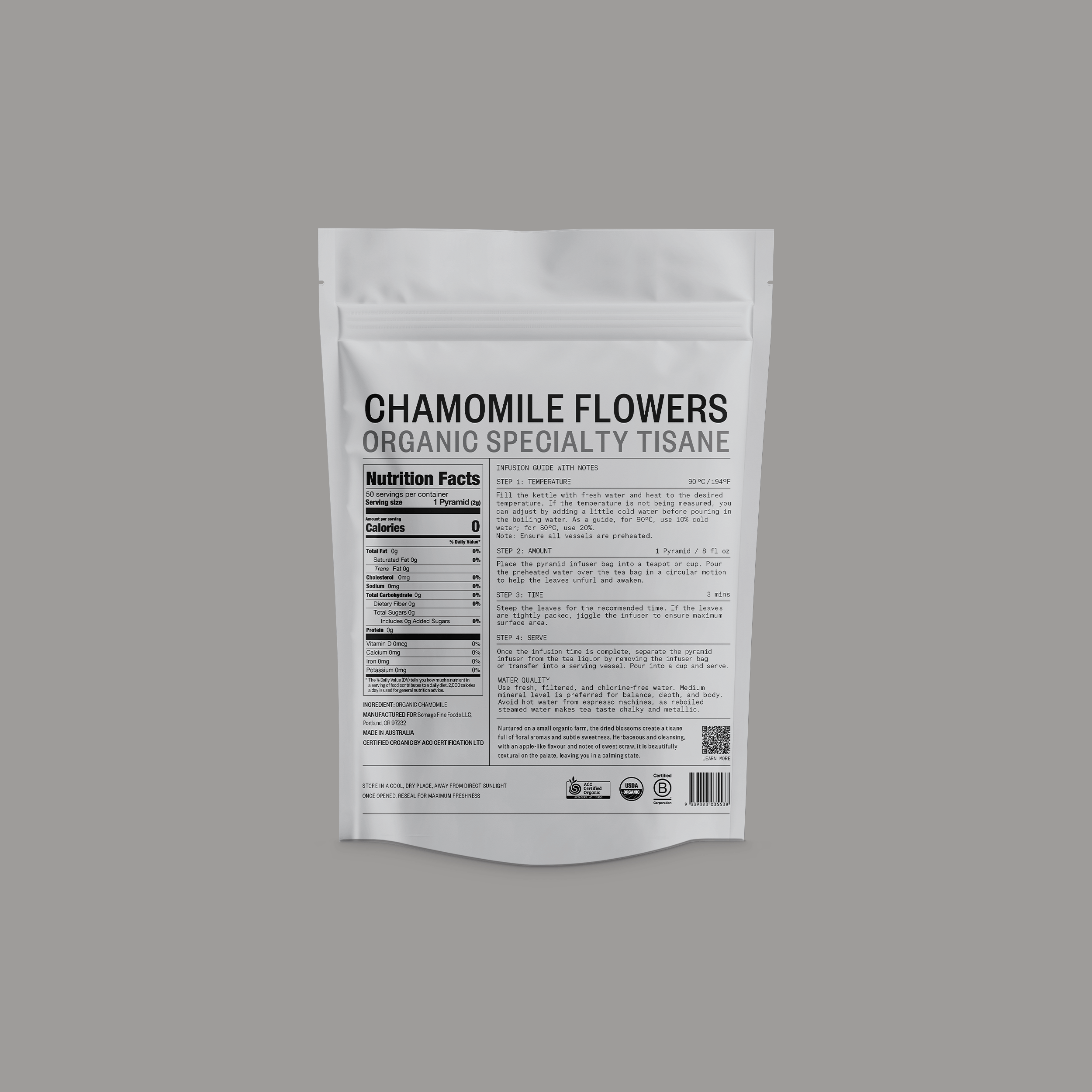 Chamomile Flowers Pyramid Bags by Somage USA displayed in a pyramid-shaped tea bag format, showcasing dried chamomile flowers.