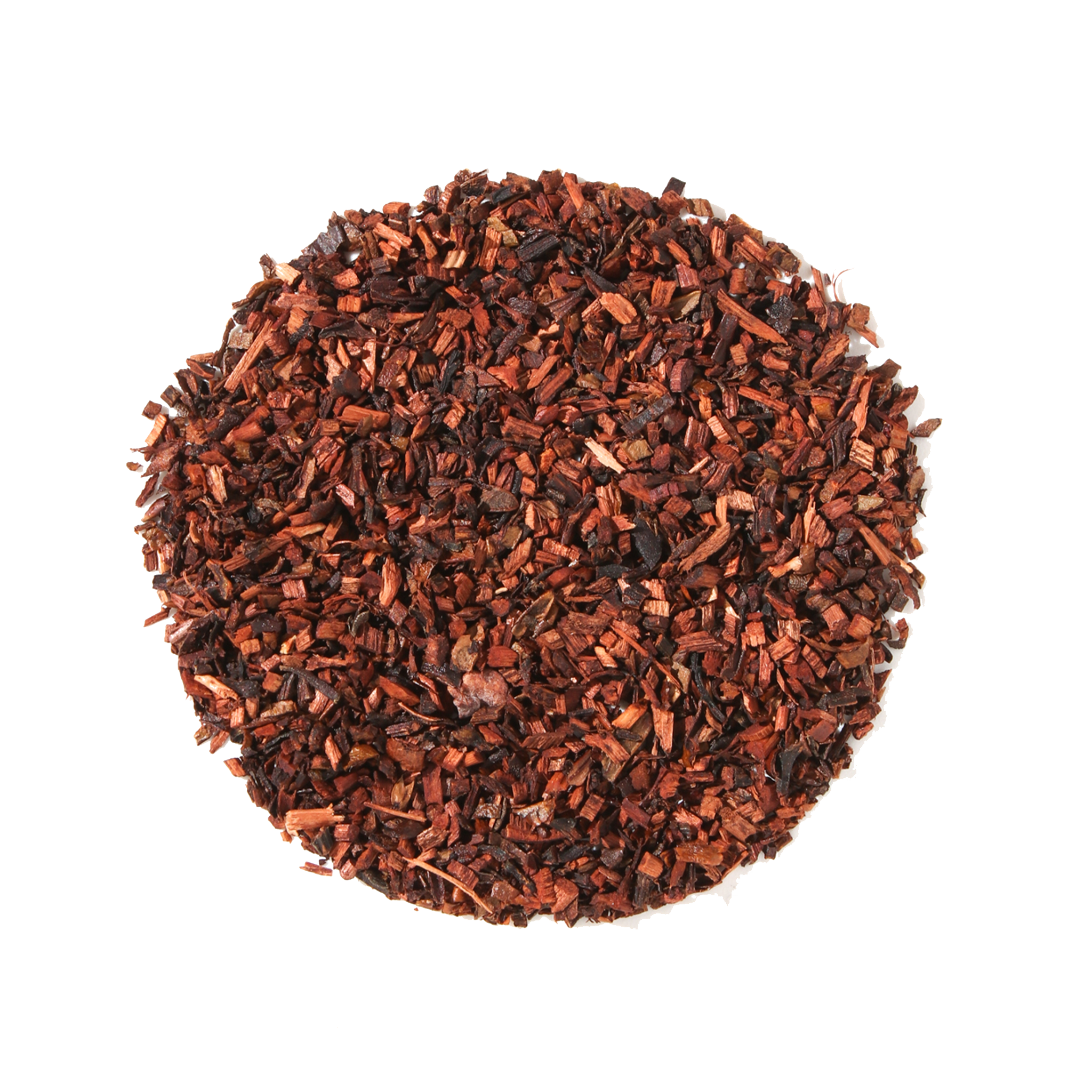 Plum Deluxe Chocolate Hazelnut Dessert Tea in a circular tea blend display, featuring honeybush, cocoa nibs, and natural flavors.