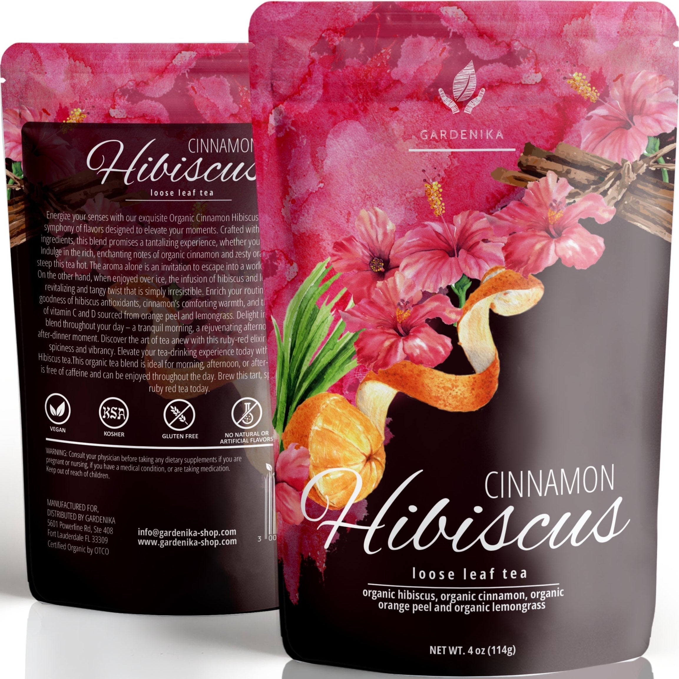Gardenika Cinnamon Hibiscus Loose Tea, Heart Health & Antioxidant Rich - Caffeine Free - 55+ Cups - USDA Organic & Kosher - 4 oz (113g)