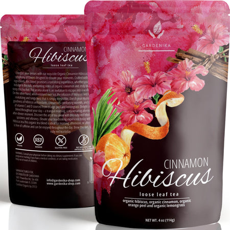 Gardenika Cinnamon Hibiscus Loose Tea, 4 oz, displayed in a resealable pouch, showcasing organic ingredients for heart health.