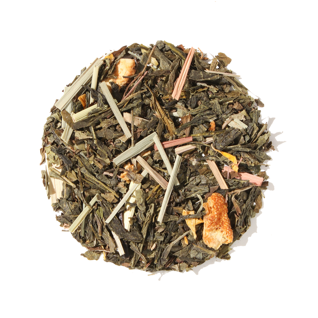Plum Deluxe Citrus Mint Green Tea (Lemon - Orange - Lemongrass - Mint) in a circular package, showcasing its refreshing ingredients.
