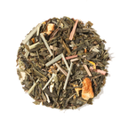 Plum Deluxe Citrus Mint Green Tea (Lemon - Orange - Lemongrass - Mint) in a circular package, showcasing its refreshing ingredients.