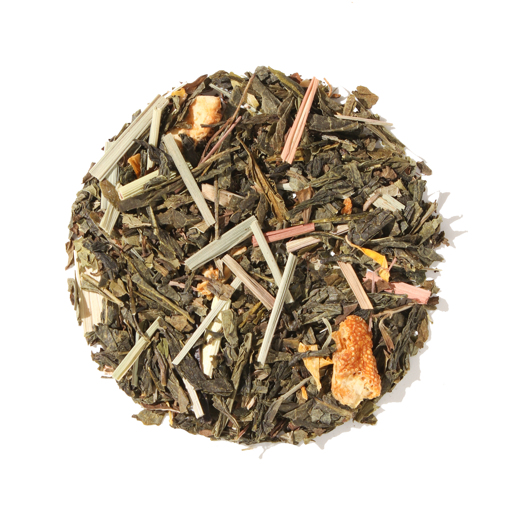 Plum Deluxe Citrus Mint Green Tea (Lemon - Orange - Lemongrass - Mint) in a circular package, showcasing its refreshing ingredients.