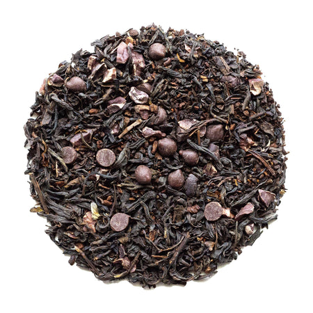 Beach House Cape Lookout Mocha loose-leaf black tea blend with organic cacao nibs and chicory root, displayed in a tea infuser.