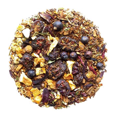 Beach House Coastal Wonderland organic loose leaf tea, featuring cranberries, rooibos, and orange peels in a clear package.