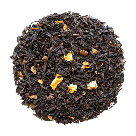 Beach House Starboard Spice tea, featuring loose-leaf organic black tea with spices and citrus, in a clear infuser.