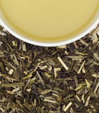 Harney & Sons Green Tea with Coconut, Ginger and Vanilla in HRP Tin of 30 sachets displayed in a cup.