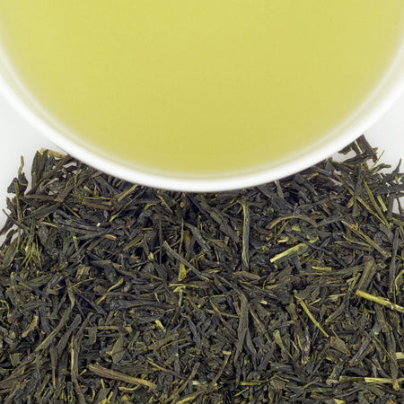 Harney & Sons Japanese Sencha tea displayed in a cup, showcasing its smooth green color and inviting appearance.