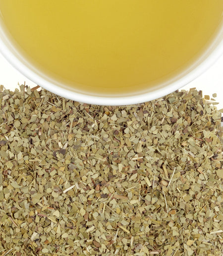 Harney & Sons Yerba Mate displayed in a cup, showcasing the herbal drink from South America with natural caffeine content.
