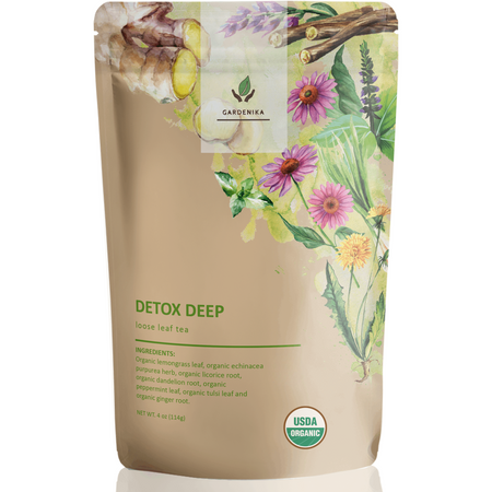 Gardenika Detox Loose Leaf Herbal Tea, USDA Organic, Kosher, Caffeine-Free - 4 oz (114g) in a loose leaf form.