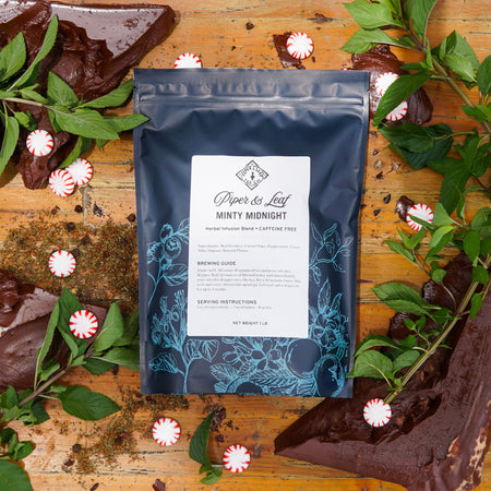 Piper and Leaf Minty Midnight Pound Bag - 190 Servings, a tea blend featuring red rooibos, chocolate chips, and peppermint.