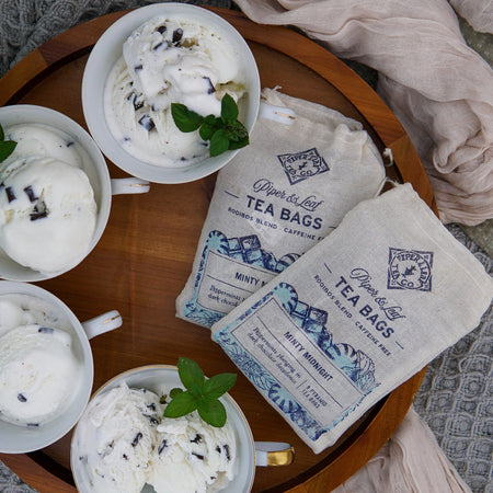 Piper and Leaf Minty Midnight 9ct Tea Bags in Muslin, featuring pyramid sachets of mint chocolate tea blend in hand-printed bags.
