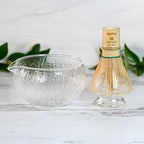 Aprika Life Textured Spouted Glass Matcha Bowl Pattern 2, Bamboo Matcha Whisk, Whisk Holder and Organic Japanese Matcha Set