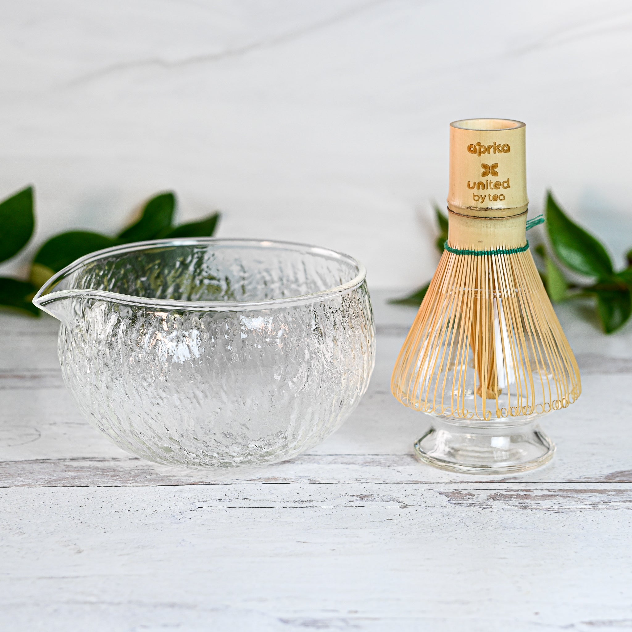 Aprika Life Textured Spouted Glass Matcha Bowl Pattern 2, Bamboo Matcha Whisk, Whisk Holder and Organic Japanese Matcha Set