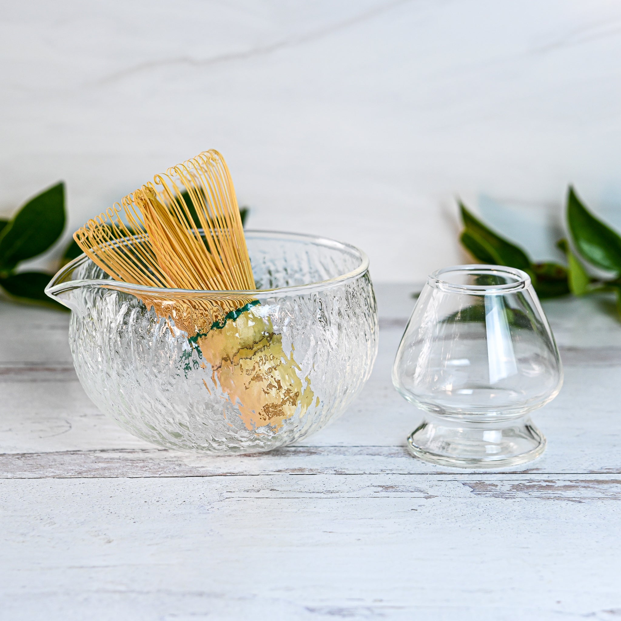 Aprika Life Textured Spouted Glass Matcha Bowl Pattern 2, Bamboo Matcha Whisk, Whisk Holder and Organic Japanese Matcha Set