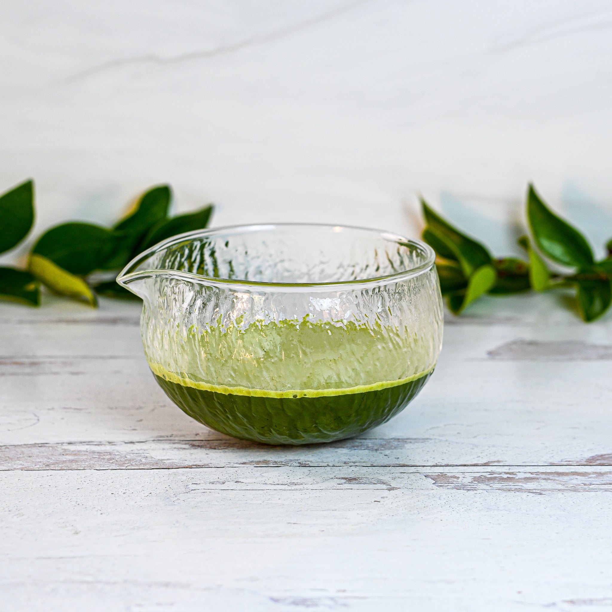 Aprika Life Textured Spouted Glass Matcha Bowl Pattern 2, Bamboo Matcha Whisk, Whisk Holder and Organic Japanese Matcha Set