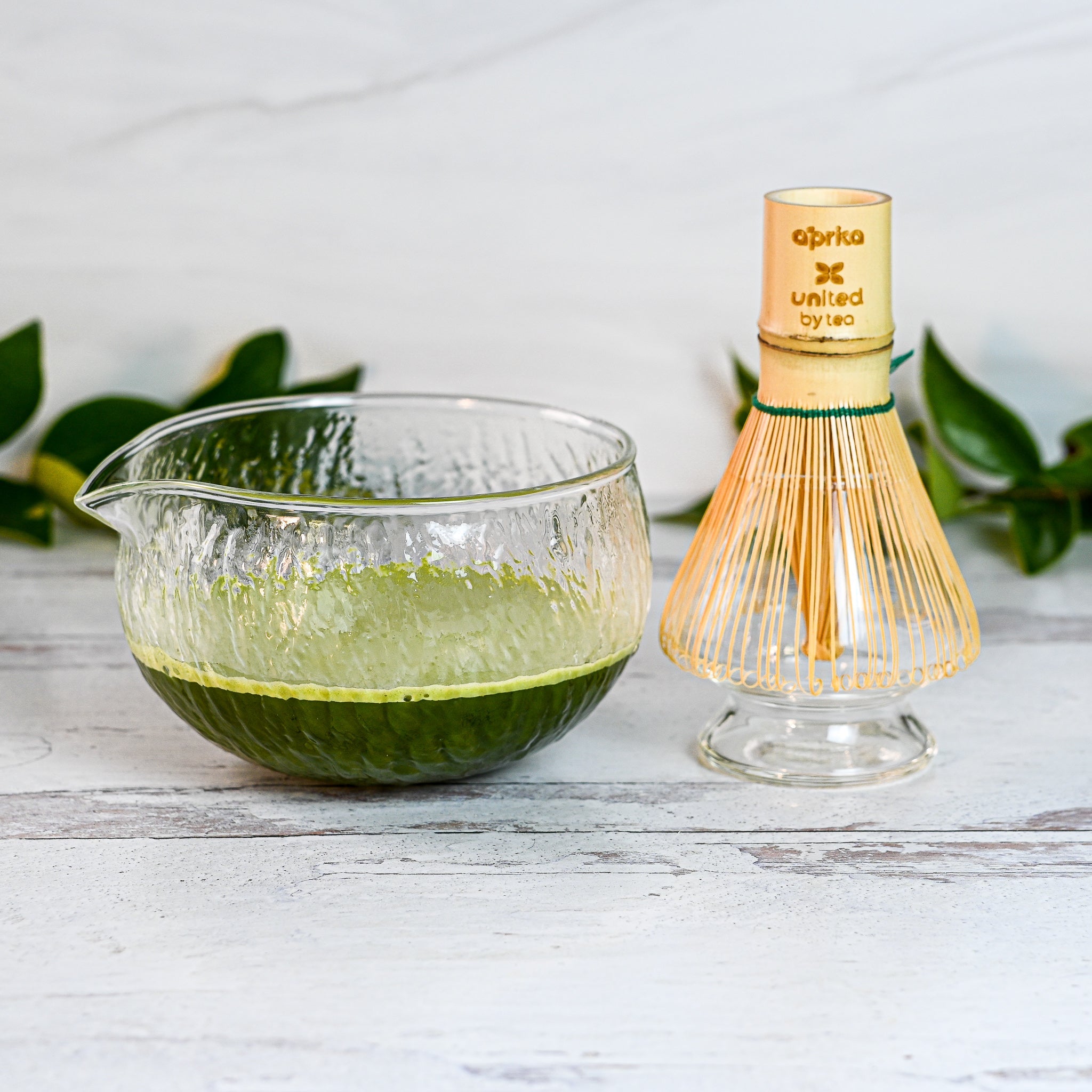 Aprika Life Textured Spouted Glass Matcha Bowl Pattern 2, Bamboo Matcha Whisk, Whisk Holder and Organic Japanese Matcha Set