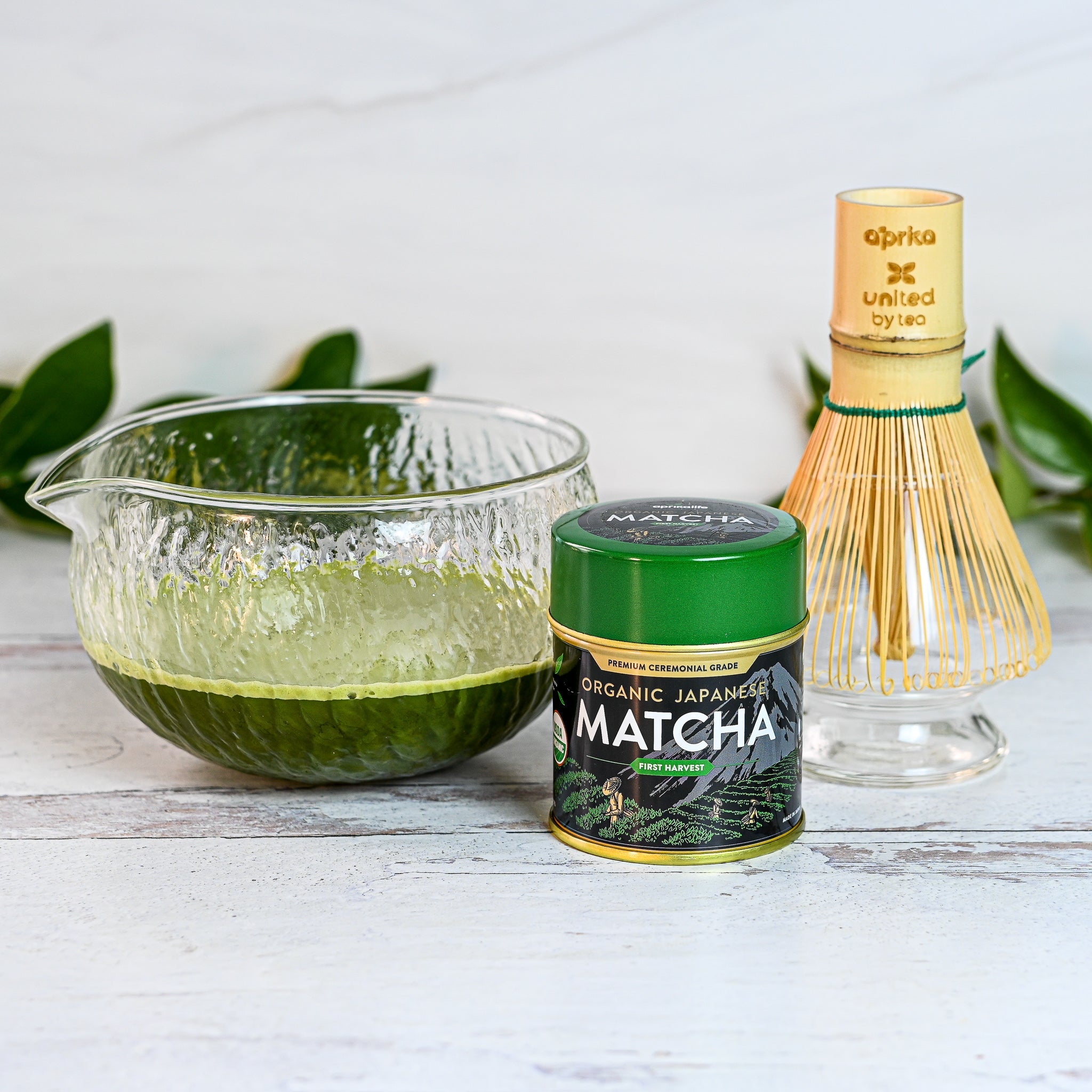 Aprika Life Textured Spouted Glass Matcha Bowl Pattern 2, Bamboo Matcha Whisk, Whisk Holder and Organic Japanese Matcha Set
