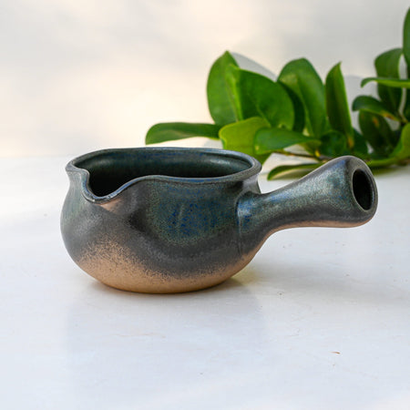 Aprika Life Blue Spouted Ceramic Matcha Bowl with handle, bamboo whisk, and ceramic whisk holder, handcrafted in Japan.