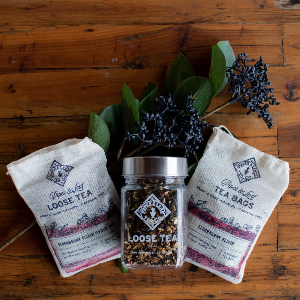 Piper and Leaf Elderberry Elixir Glass Jar of Loose Leaf Tea- 30 Servings