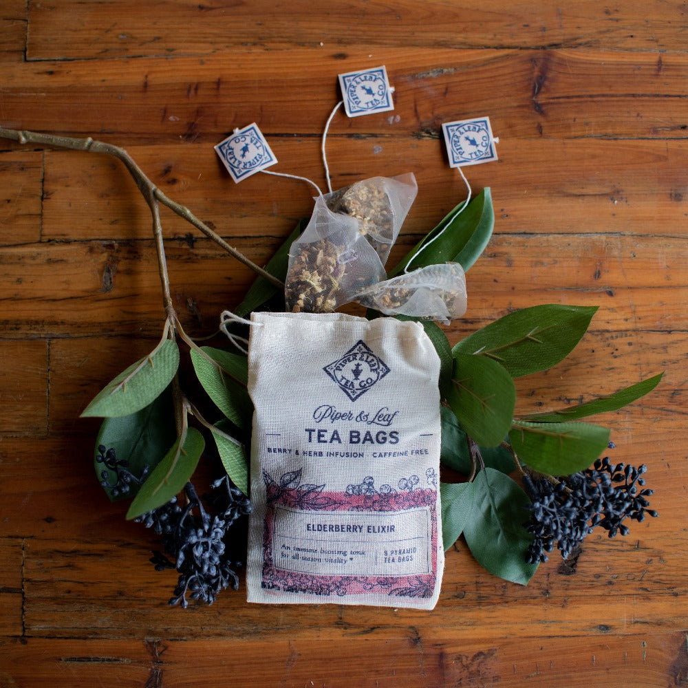 Piper and Leaf Elderberry Elixir 9ct Tea Bags in Muslin, immune-boosting herbal tea with elderberries and echinacea.