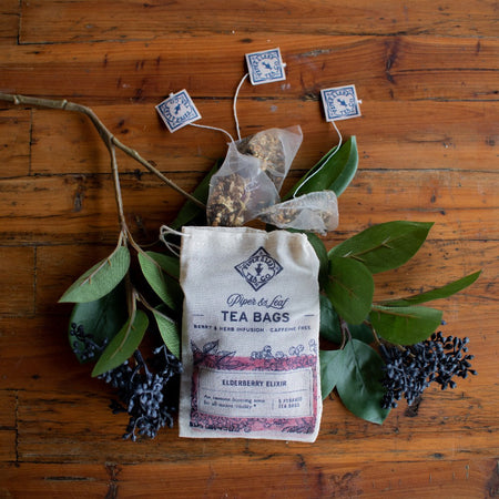 Piper and Leaf Elderberry Elixir 9ct Tea Bags in Muslin, immune-boosting herbal tea with elderberries and echinacea.