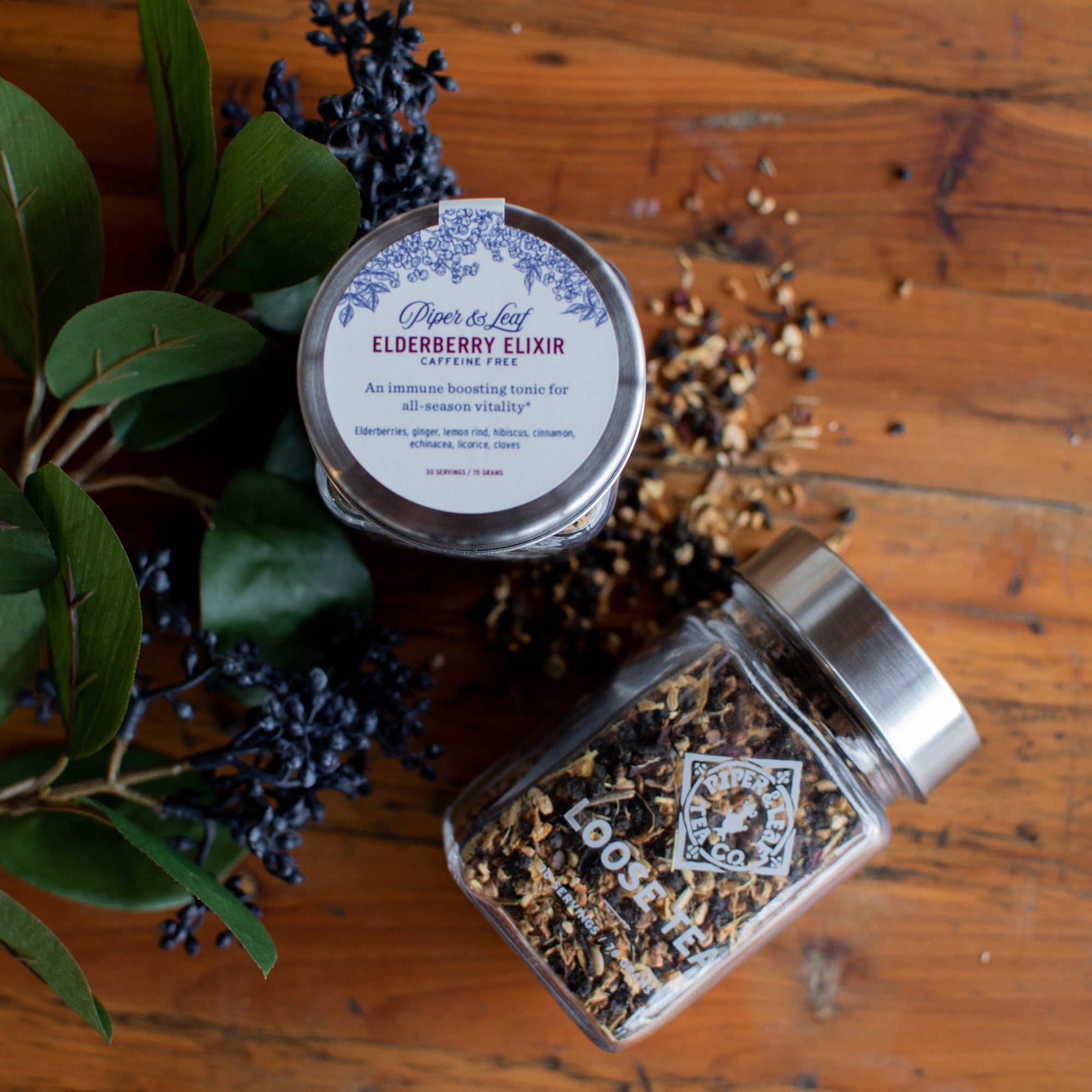 Piper and Leaf Elderberry Elixir Glass Jar of Loose Leaf Tea- 30 Servings