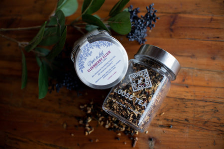 Piper and Leaf Elderberry Elixir Glass Jar of Loose Leaf Tea- 30 Servings, featuring elderberries and herbs for immune support.