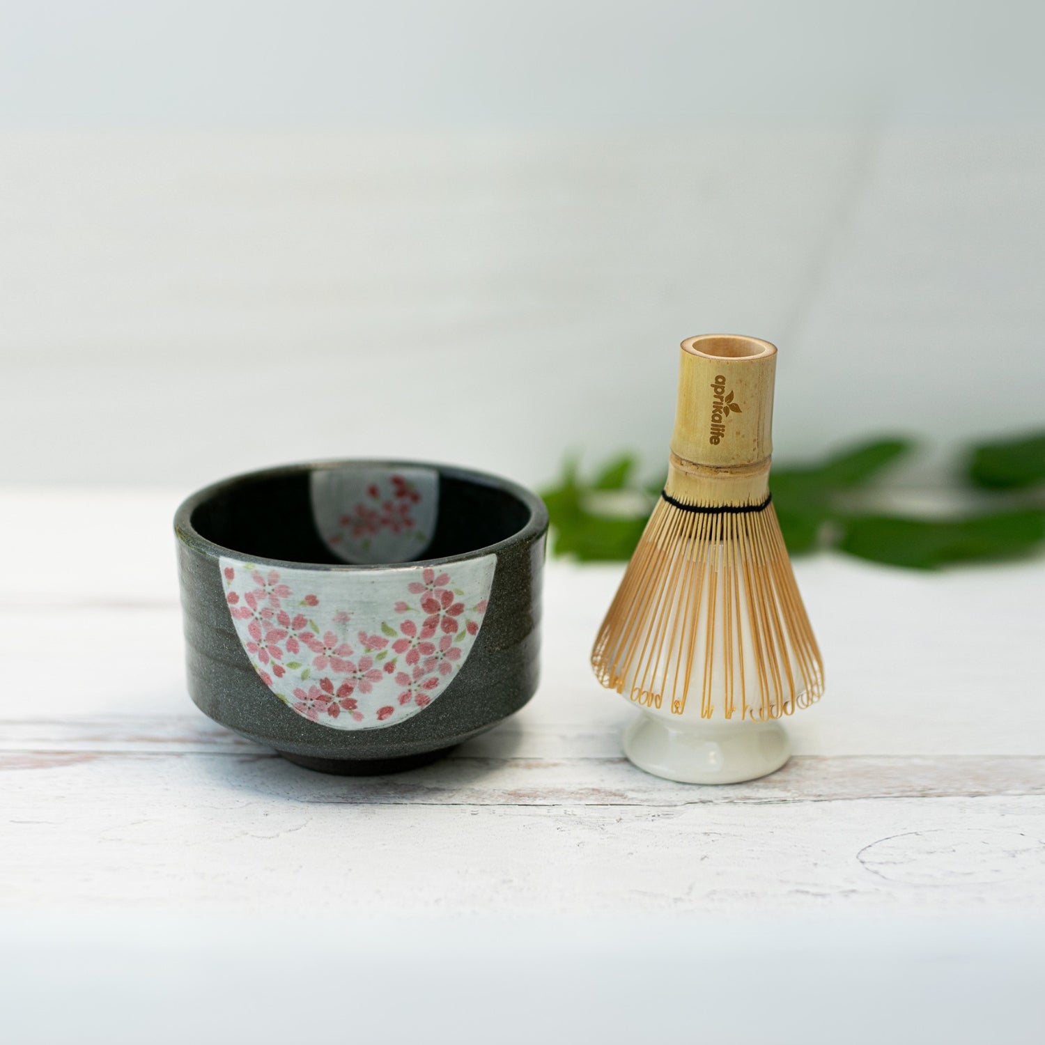 Aprika Life Dark Grey Flowers Ceramic Matcha Bowl