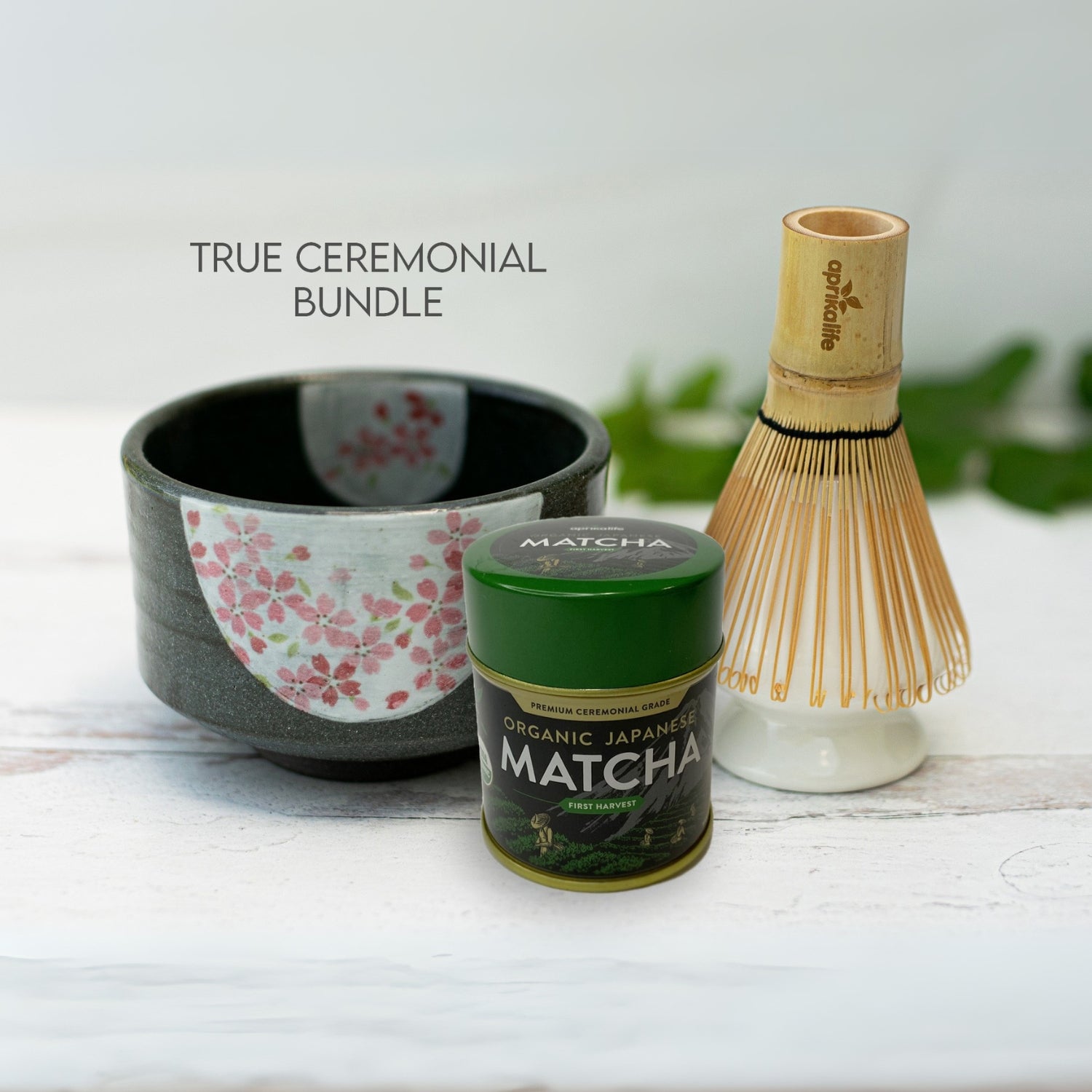 Aprika Life Dark Grey Flowers Ceramic Matcha Bowl