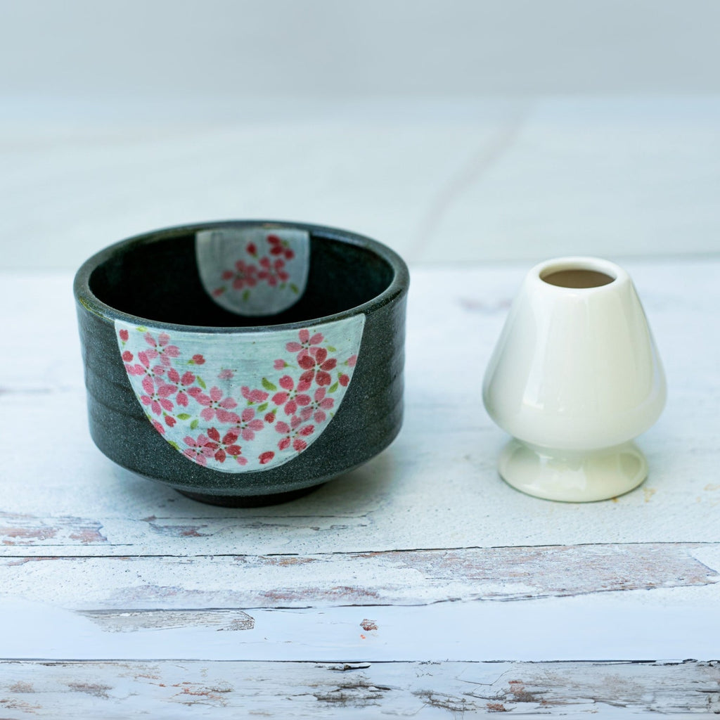 Aprika Life Dark Grey Flowers Ceramic Matcha Bowl
