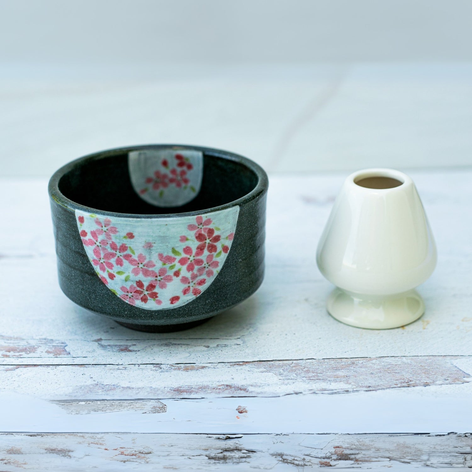 Aprika Life Dark Grey Flowers Ceramic Matcha Bowl