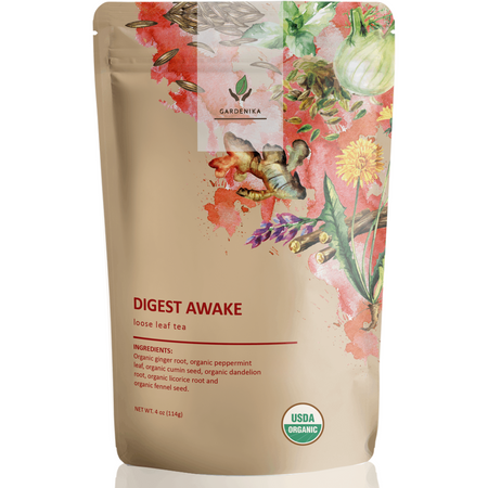 Gardenika Digest Loose Leaf Tea, USDA Organic, Kosher, Caffeine-Free - 4 oz (114g) package with herbal ingredients for digestive health.