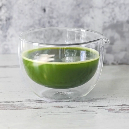 Aprika Life Double Sided (Double Wall) Glass Matcha Bowl with Spout, transparent borosilicate glass, double-layered design.