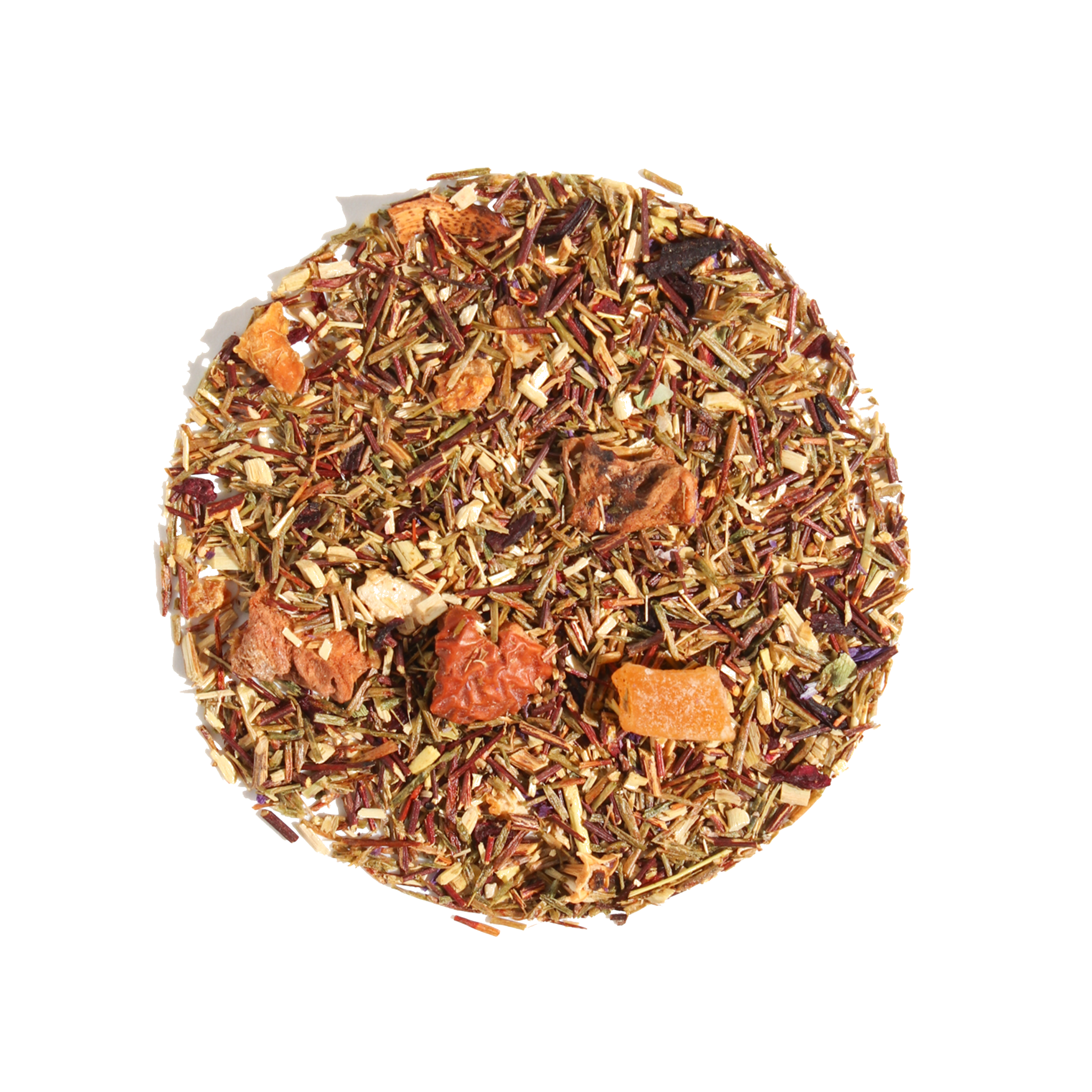 Plum Deluxe Dragonfruit Desire Herbal Tea in a circle graphic, featuring green rooibos, dragonfruit, mango, and hibiscus.