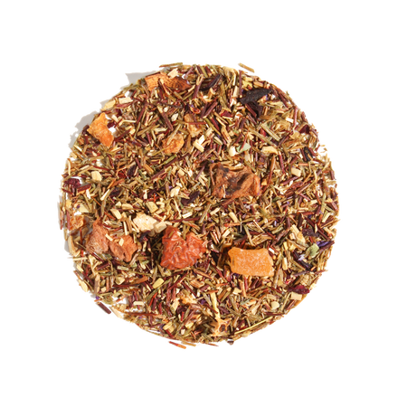 Plum Deluxe Dragonfruit Desire Herbal Tea in a circle graphic, featuring green rooibos, dragonfruit, mango, and hibiscus.