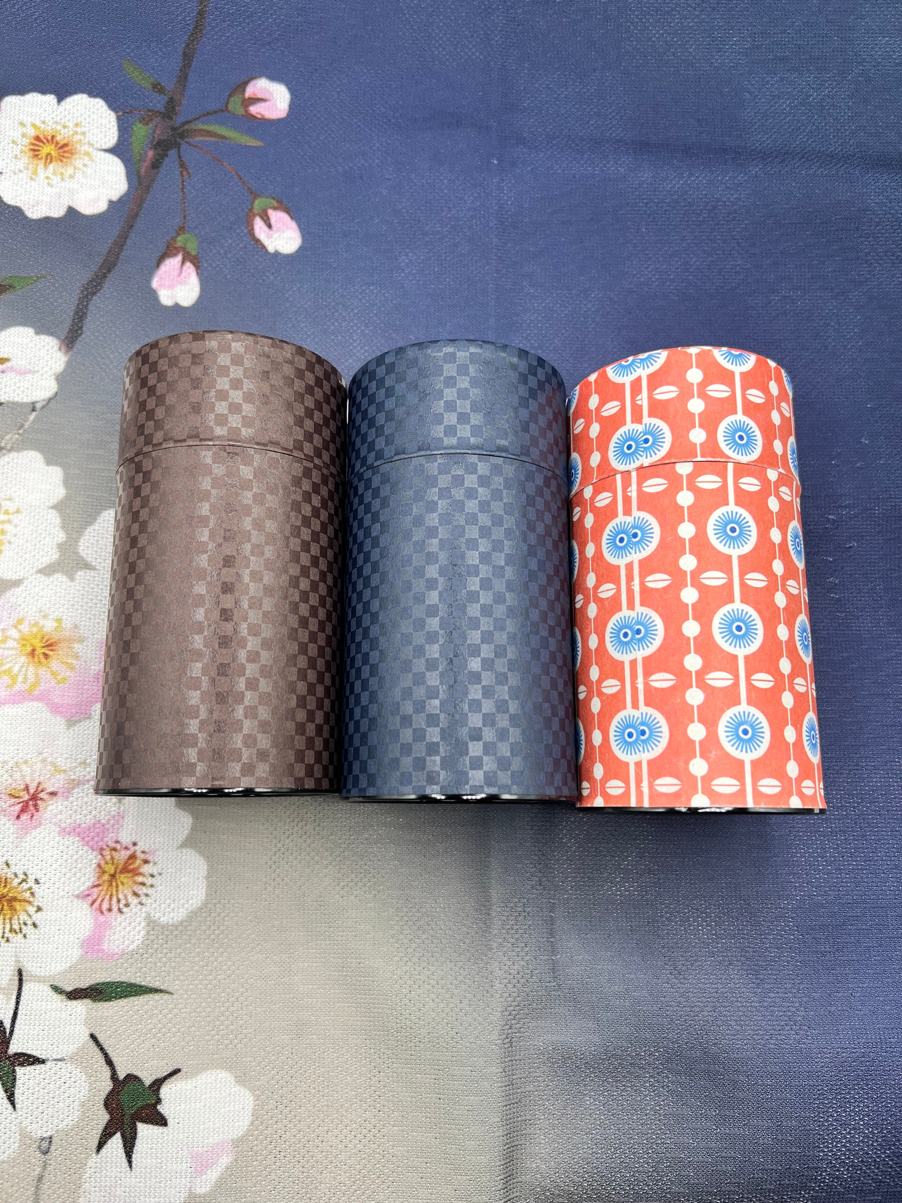 Inoue Ichimatsu Checkered Blue Washi Paper Wrapped Tea Canister (L) - Japanese Chazutsu