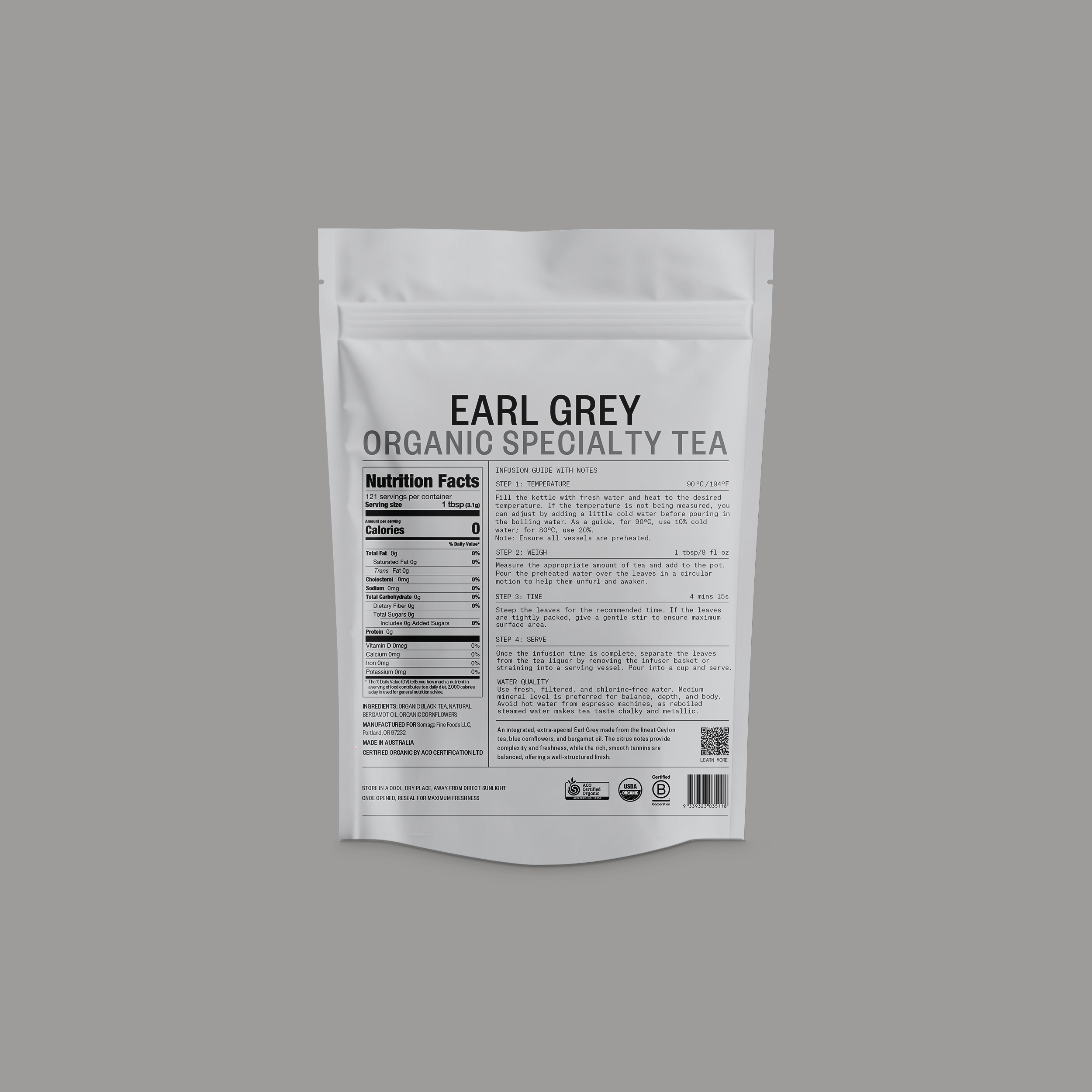 Earl Grey Loose Leaf tea by Somage USA, displayed in a clear container with loose tea leaves visible.