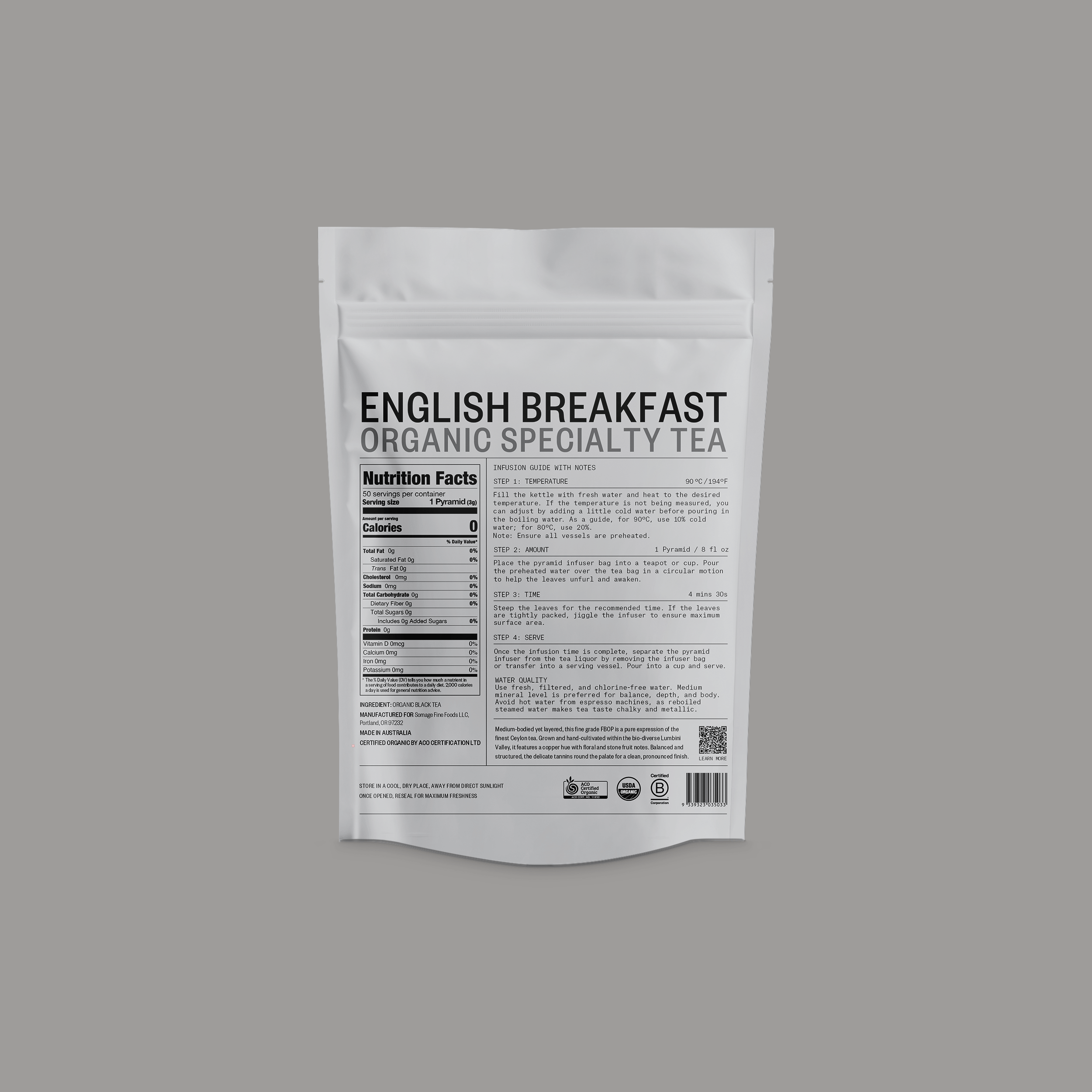 English Breakfast Pyramid Bags by Somage USA, displayed in a tea bag format with a pyramid shape for steeping.