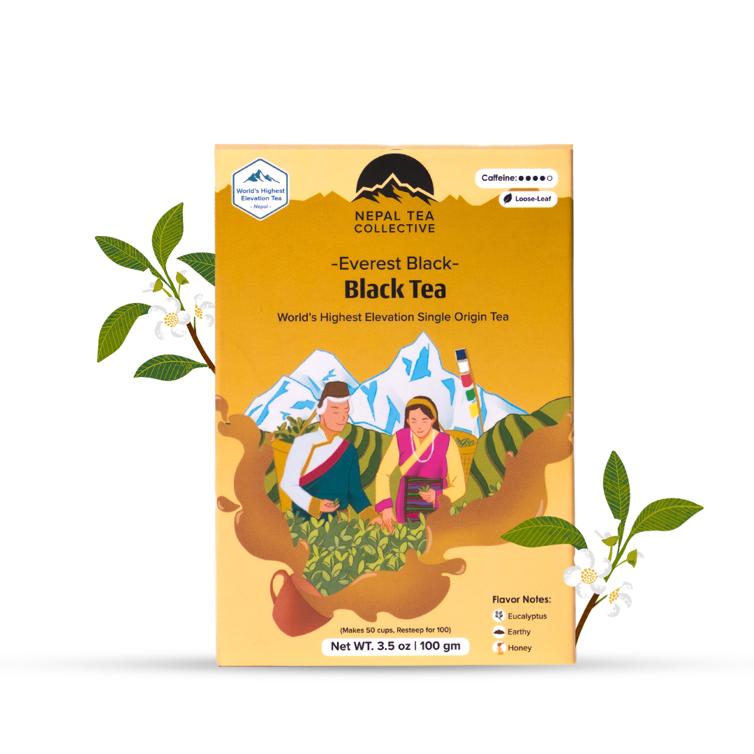 Everest Black (Top of the World Tea) by Nepal Tea, showing a package of 100g of black tea from Mount Everest.