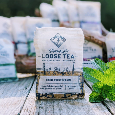 Piper and Leaf Front Porch Special Muslin Bag of Loose Leaf Tea - 15 Servings in hand-printed muslin packaging with tea inside.