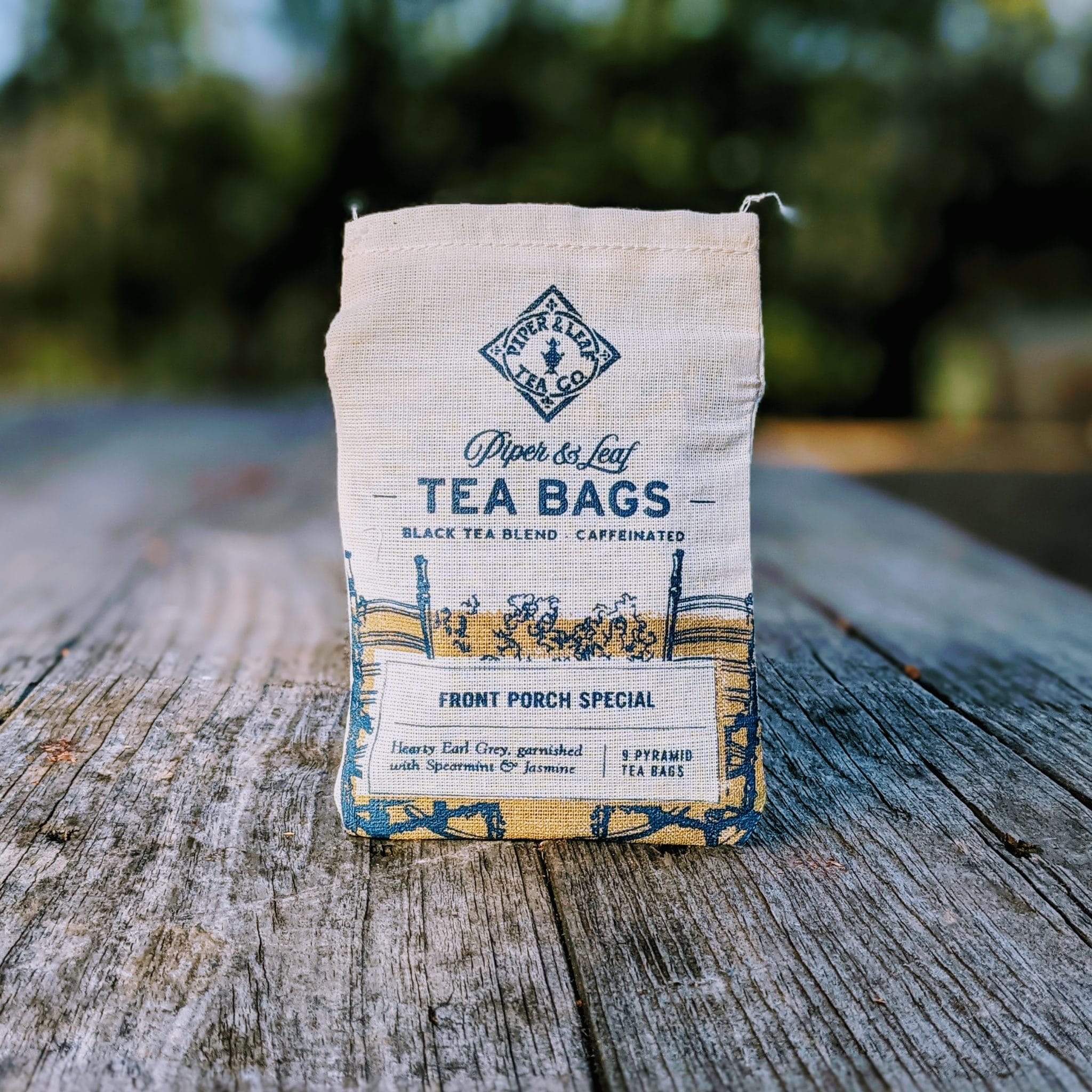 Piper and Leaf Front Porch Special 9ct Tea Bags in Muslin, featuring muslin tea bags in a box, brand Piper and Leaf.