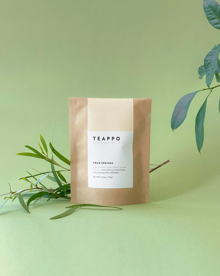Teappo Four Springs oolong tea, 2.5 oz package, featuring clean, fresh taste with floral aroma, sourced from Nantou, Taiwan.
