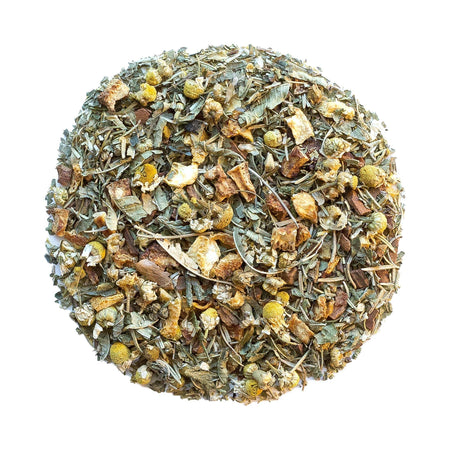 Beach House Fiery Forest herbal blend, featuring loose-leaf tea with organic ingredients like chamomile and orange peel.